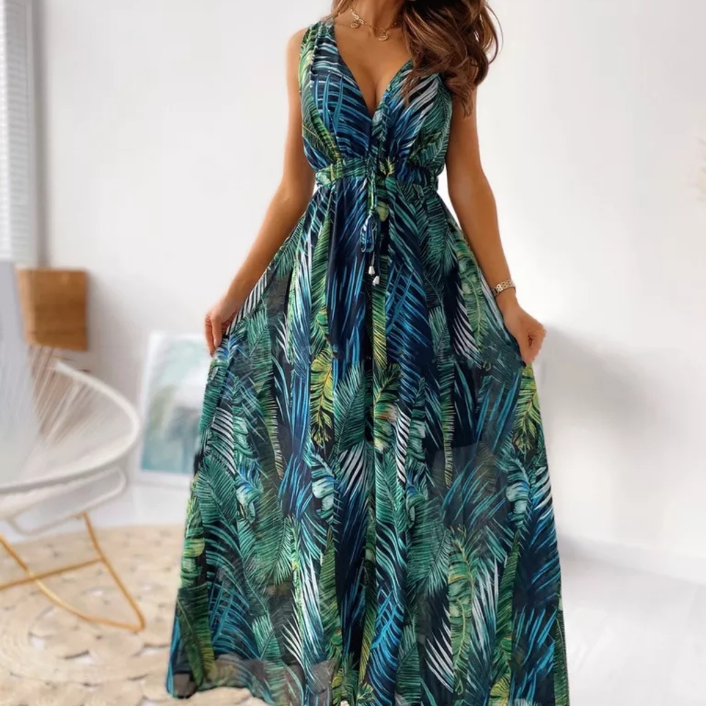 Women's blue palm chiffon maxi dress